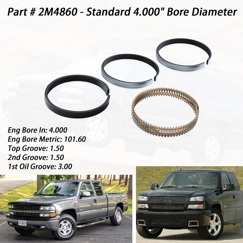 XTPTFABS 2M4860 Piston Rings(8-Cyl Ring kits) Compatible With 1999-2006 Chevrolet Gen III 364 6.0L LQ4 LQ9(Replace2M4860) Piston Rings - 4.000 in Bore -1.5 x 1.5 x 3.0 mm Thick - Standard Tension - Image 3